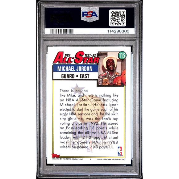 1992 TOPPS ALL-STAR #115 MICHAEL JORDAN HOF PSA 10 GEM MINT CHICAGO BULLS CARD - Picture 3 of 3